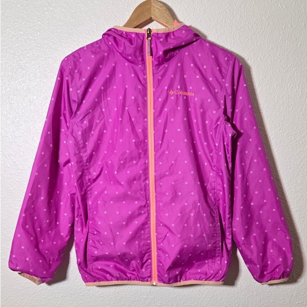 Columbia Girls Large Omni-Wick Hooded Lightweight Rain Jacket Pink Polka Dot